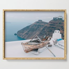 Old fishing boat in Santorini Serving Tray