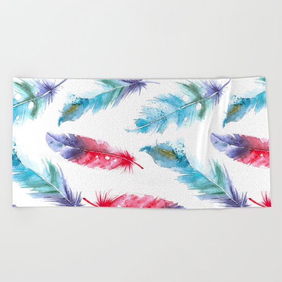 Boho Watercolor feathers Beach Towel