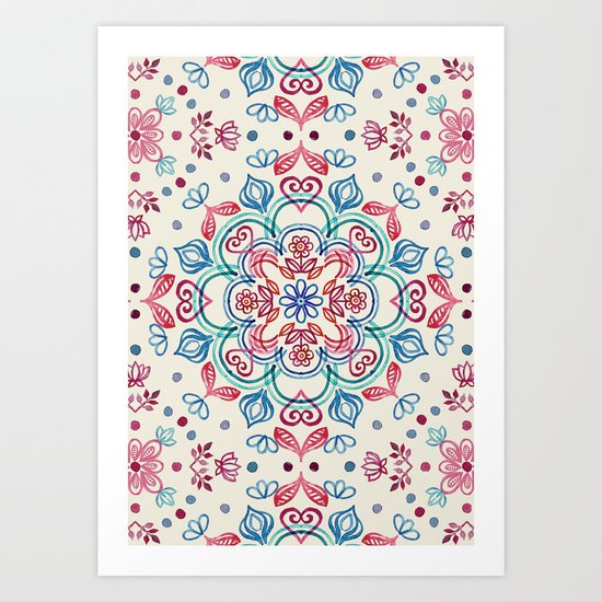 Pastel Blue, Pink & Red Watercolor Floral Pattern on Cream Art Print