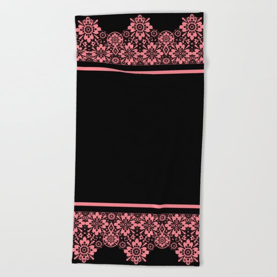 Retro .Vintage . Pink lace on a black background . Beach Towel