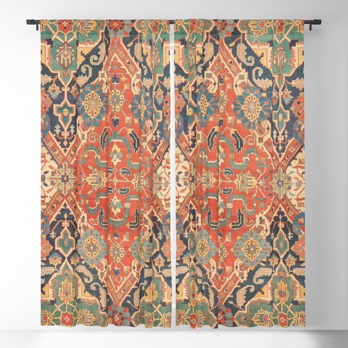Geometric Leaves VII // 18th Century Distressed Red Blue Green Colorful Ornate Accent Rug Pattern Blackout Curtain