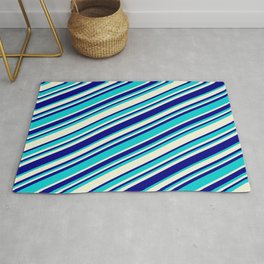 [ Thumbnail: Beige, Blue & Dark Turquoise Colored Striped/Lined Pattern Rug ]
