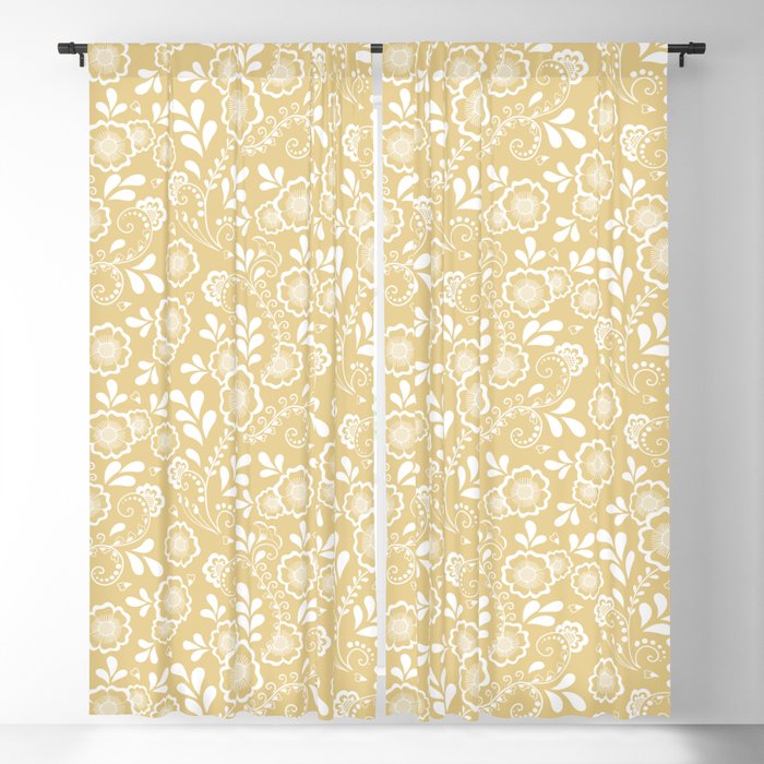 Tan And White Eastern Floral Pattern Blackout Curtain