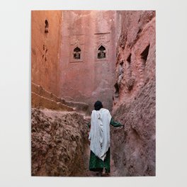 Ethiopia Lalibela christian orthodox christmas pilgrim woman gazing up red wall church Poster