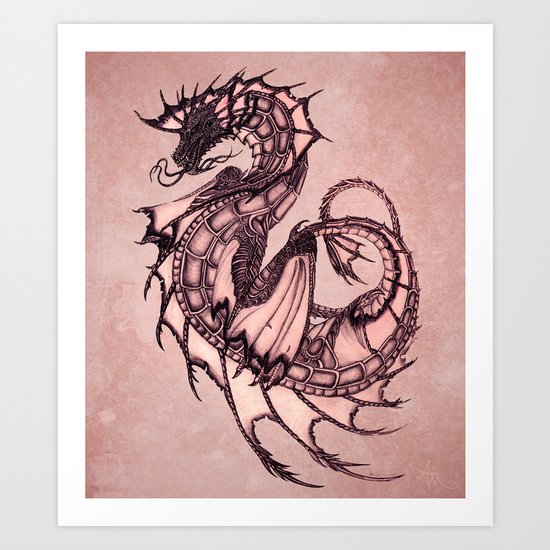 "Tsunami" by Amber Marine ~ Sea Dragon (Coral Version) ~ Graphite & Charcoal Illustration, (c) 2005 Art Print