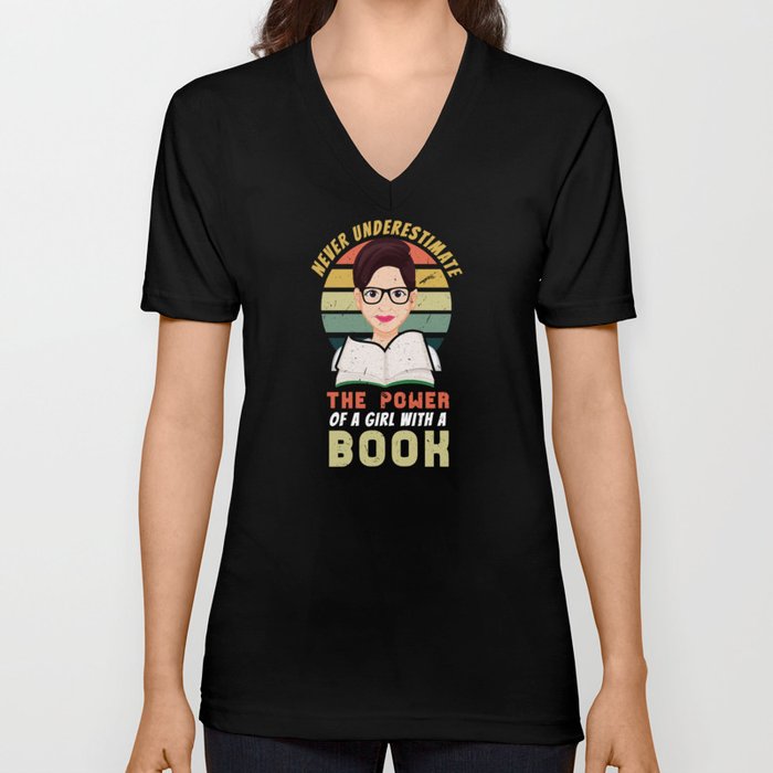 Retro Power Of Girl With A Book Reading Bookworm V Neck T Shirt