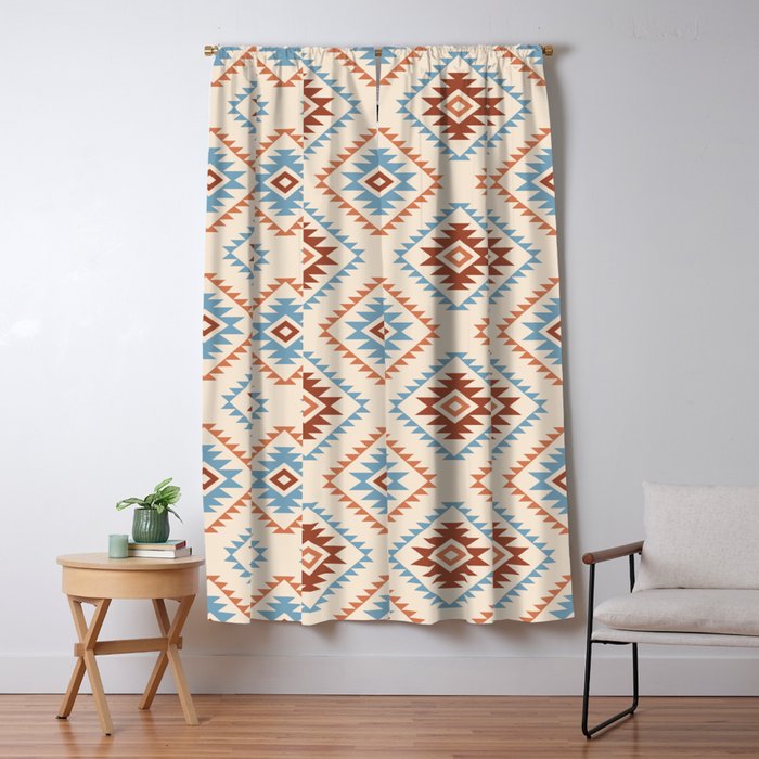 Aztec Style Motif Pattern Blue Cream Terracottas Blackout Curtain