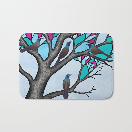 grackles in the stained glass tree Bath Mat