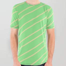 [ Thumbnail: Light Green & Pale Goldenrod Colored Lined Pattern All Over Graphic Tee ]
