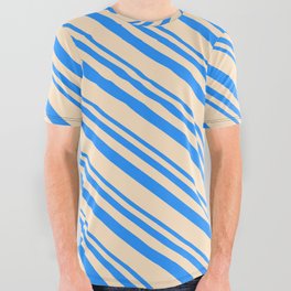 [ Thumbnail: Blue and Bisque Colored Stripes/Lines Pattern All Over Graphic Tee ]