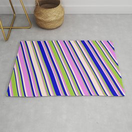 [ Thumbnail: Blue, Green, Violet & Beige Colored Lines Pattern Rug ]