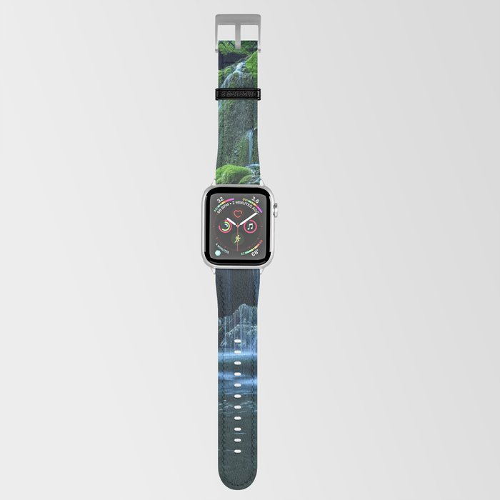 Color time-lapse photograph of waterfalls in mossy rock formation below trestle railroad bridge river nature photography - photographs Apple Watch Band