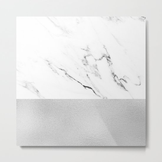 White Marble with Black and Grey Silver Stripe Metal Print