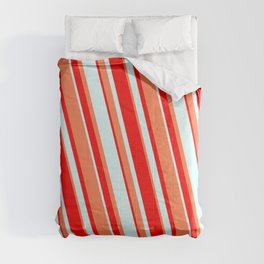 [ Thumbnail: Red, Light Cyan & Coral Colored Lines/Stripes Pattern Comforter ]