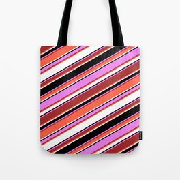 [ Thumbnail: Eye-catching Violet, Brown, Red, White & Black Colored Striped/Lined Pattern Tote Bag ]