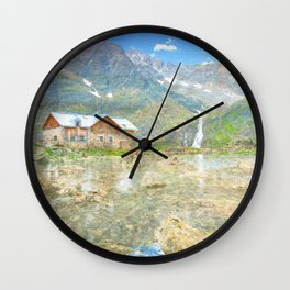 mountain cabin impressionism painted realistic scene Wall Clock