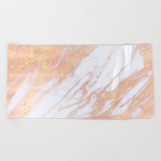 Marble - Rose Gold with Yellow Gold Glitter Shimmery Marble Beach Towel