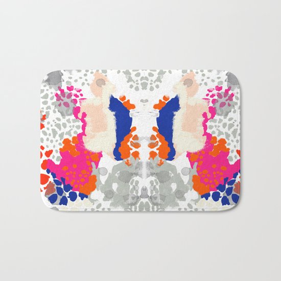 Mica - Abstract painting in modern fresh colors navy, orange, pink, cream, white, and gold Bath Mat