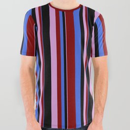 [ Thumbnail: Royal Blue, Maroon, Plum, and Black Colored Striped/Lined Pattern All Over Graphic Tee ]
