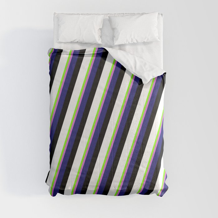 Eyecatching Chartreuse, Orchid, Midnight Blue, Black, and White Colored Lines/Stripes Pattern Comforter