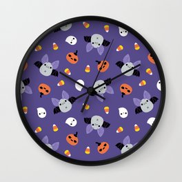 Purple Kawaii Halloween Bat Pattern Wall Clock