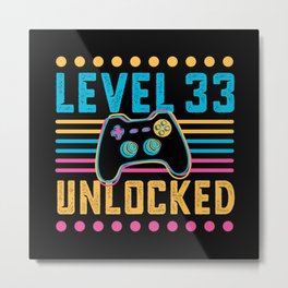 Gaming Level 33 Unlocked 33rd Birthday Gamer Gift Metal Print | Nerd, Graphicdesign, Geek, Game, Rpg, Vintage, Controller, 33, Gamer, Gifts 