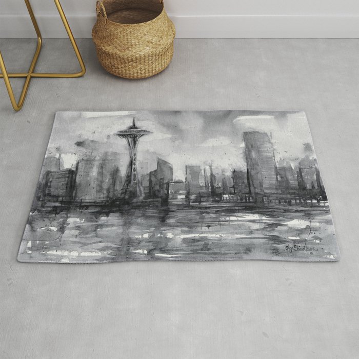 Seattle Skyline Painting Watercolor Black and White Space Needle Rug
