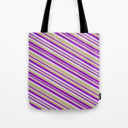 [ Thumbnail: Light Grey, Dark Khaki, and Dark Violet Colored Striped/Lined Pattern Tote Bag ]