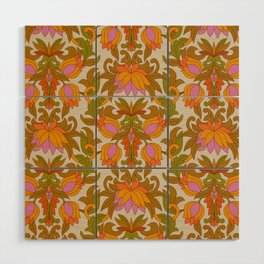 Orange, Pink Flowers and Green Leaves 1960s Retro Vintage Pattern Wood Wall Art