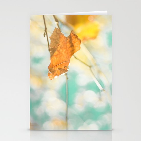 Gold Autumn Fall Leafs on Dreamy Blue Turquoise Vintage Retro Sky Stationery Cards