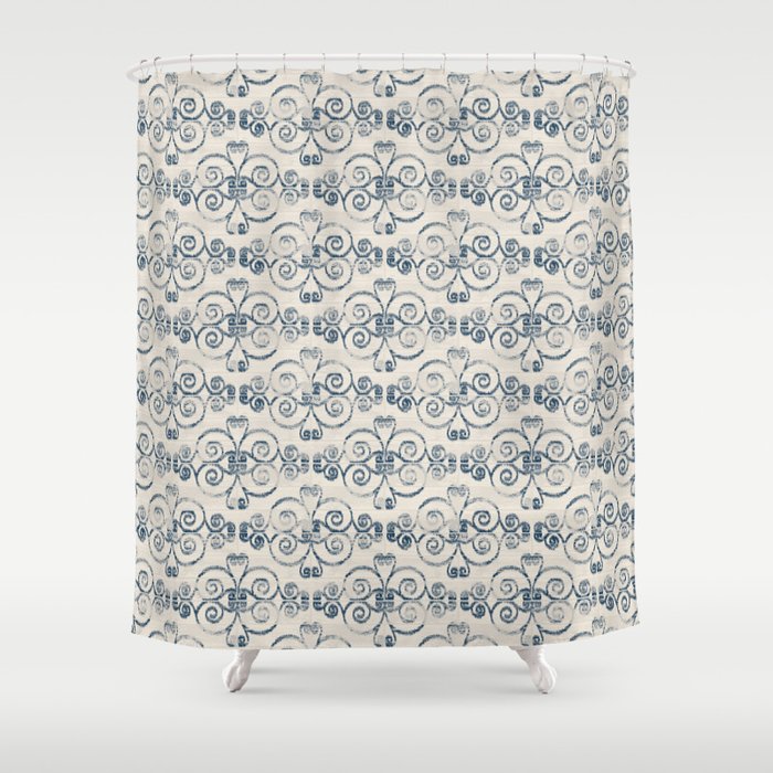 Wooden Diamond Scrolled Ikat Pattern Cream Navy Shower Curtain