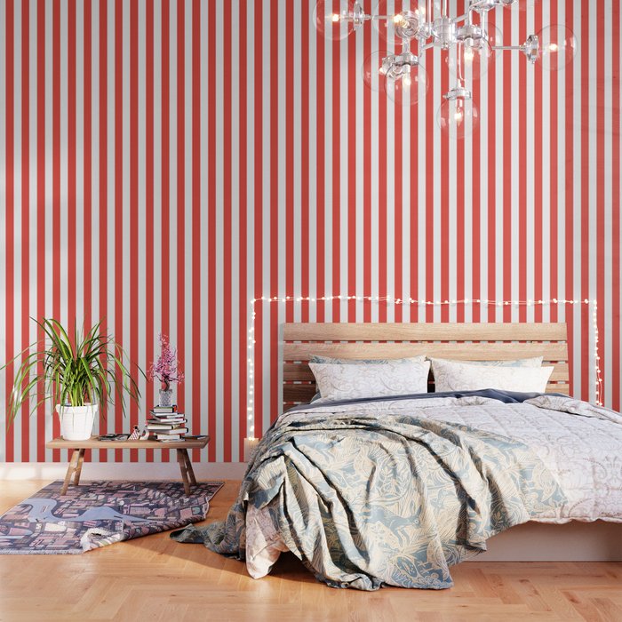 Carmine pink - solid color - white vertical lines pattern Wallpaper