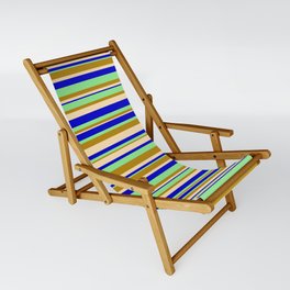 [ Thumbnail: Light Green, Dark Goldenrod, Beige, and Blue Colored Stripes/Lines Pattern Sling Chair ]