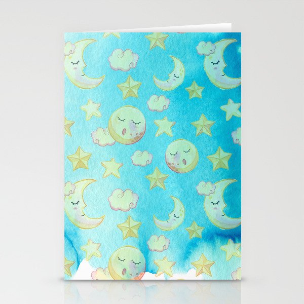 Blue yellow pink watercolor starry moon sun Stationery Cards