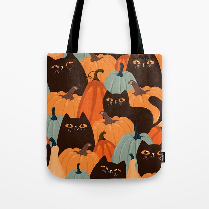 Cute seamless pattern with black cats and pumpkins. Trendy autumn colors. Vintage illustration Tote Bag