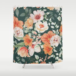 Peach Florals with Painted Speckles on Dark Green Shower Curtain