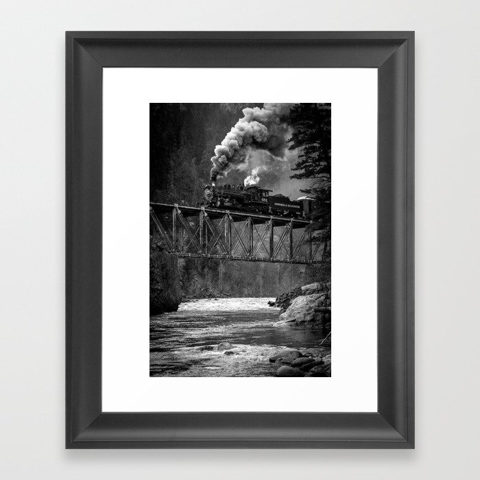 Steam Engine on a trestle river black and white photograph / art photography  Framed Art Print