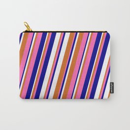 [ Thumbnail: Hot Pink, Dark Blue, White, and Chocolate Colored Lines Pattern Carry-All Pouch ]