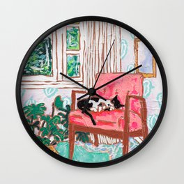 Little Naps - Tuxedo Cat Napping in a Pink Mid-Century Chair by the Window Wall Clock | Chair, Indoorplant, Hockney, Painting, Midcentury, Interior, Armchair, Deliciousmonster, Jungle, Fiddleleaffig 