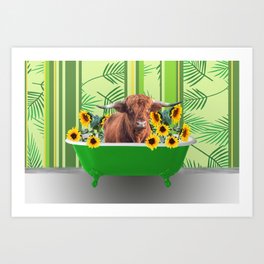 Highland Cow in Bathtub with sunflowers #society6 Art Print