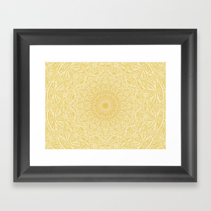 Most Detailed Mandala! Yellow Golden Color Intricate Detail Ethnic Mandalas Zentangle Maze Pattern Framed Art Print