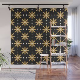 Star Flower Pattern Black and Gold Wall Mural