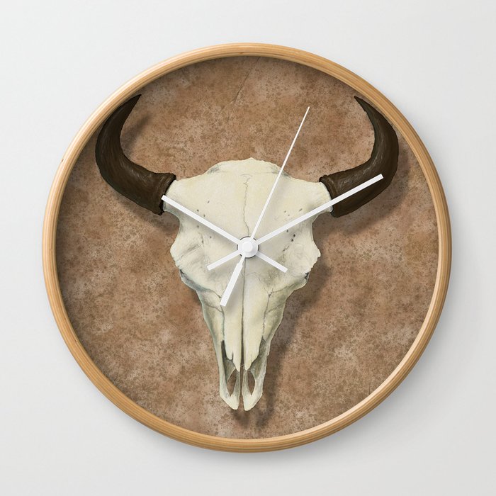Bison Skull with Rose Rocks Wall Clock