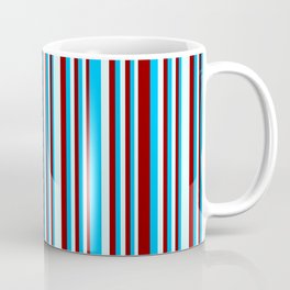 [ Thumbnail: Deep Sky Blue, Dark Red & Light Cyan Colored Pattern of Stripes Coffee Mug ]