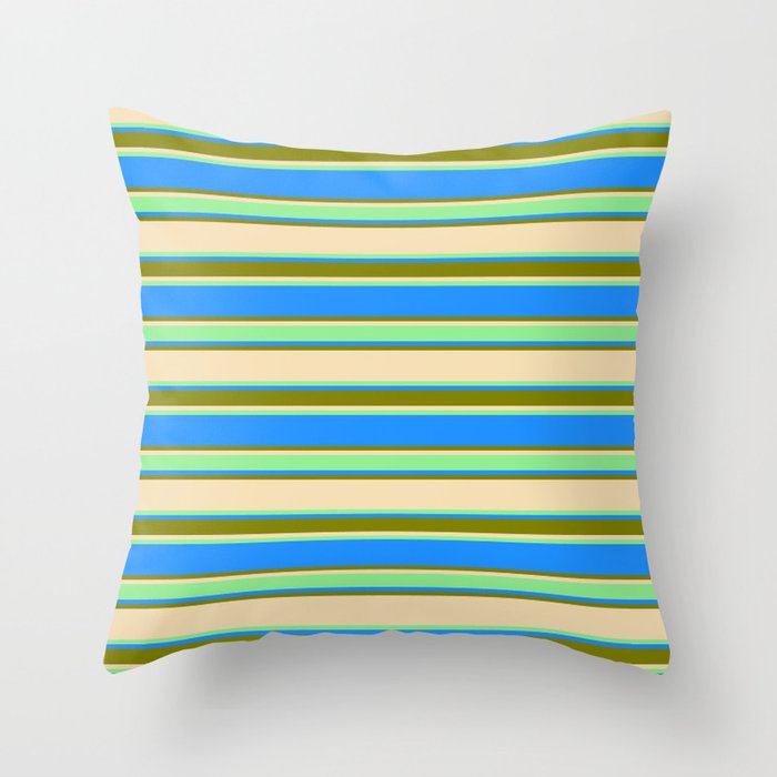 Tan, Light Green, Blue, and Green Colored Lined/Striped Pattern Throw Pillow