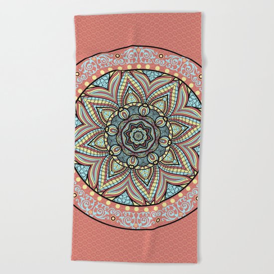 Bohemian Spirit Mandala On Pink Patterned Background Beach Towel