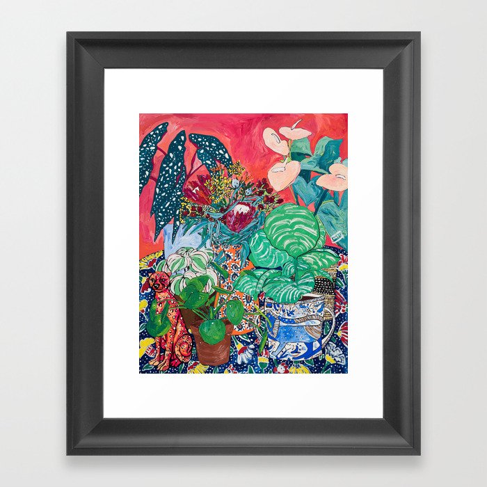 Jungle of Houseplants and Flowers on Bright Coral Pink with Wild Cats Framed Art Print