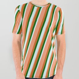 [ Thumbnail: Chocolate, Dark Green, Light Cyan & Light Salmon Colored Lined/Striped Pattern All Over Graphic Tee ]