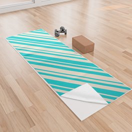 [ Thumbnail: Dark Turquoise and Beige Colored Stripes Pattern Yoga Towel ]