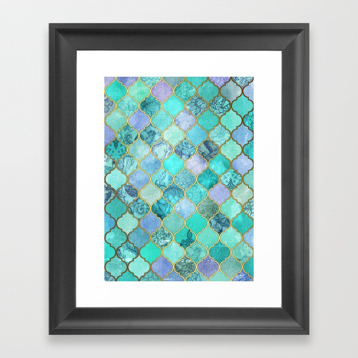 Cool Jade & Icy Mint Decorative Moroccan Tile Pattern Framed Art Print